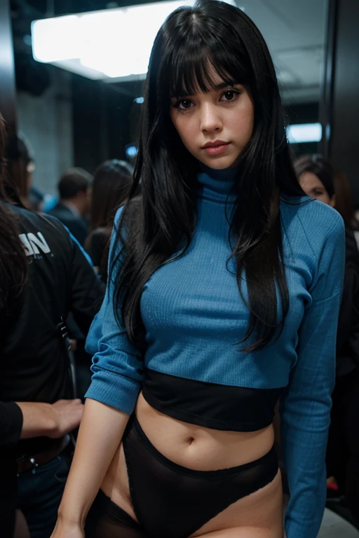 Create an image of a girl with long black hair and bangs, put her wearing a blue outfit as if she had taken it on your cell phone camera at a club 