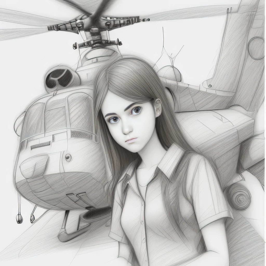 (pencil rough sketch:1.5),(1girl, 20yo, serious, transport helicopter:1.3)