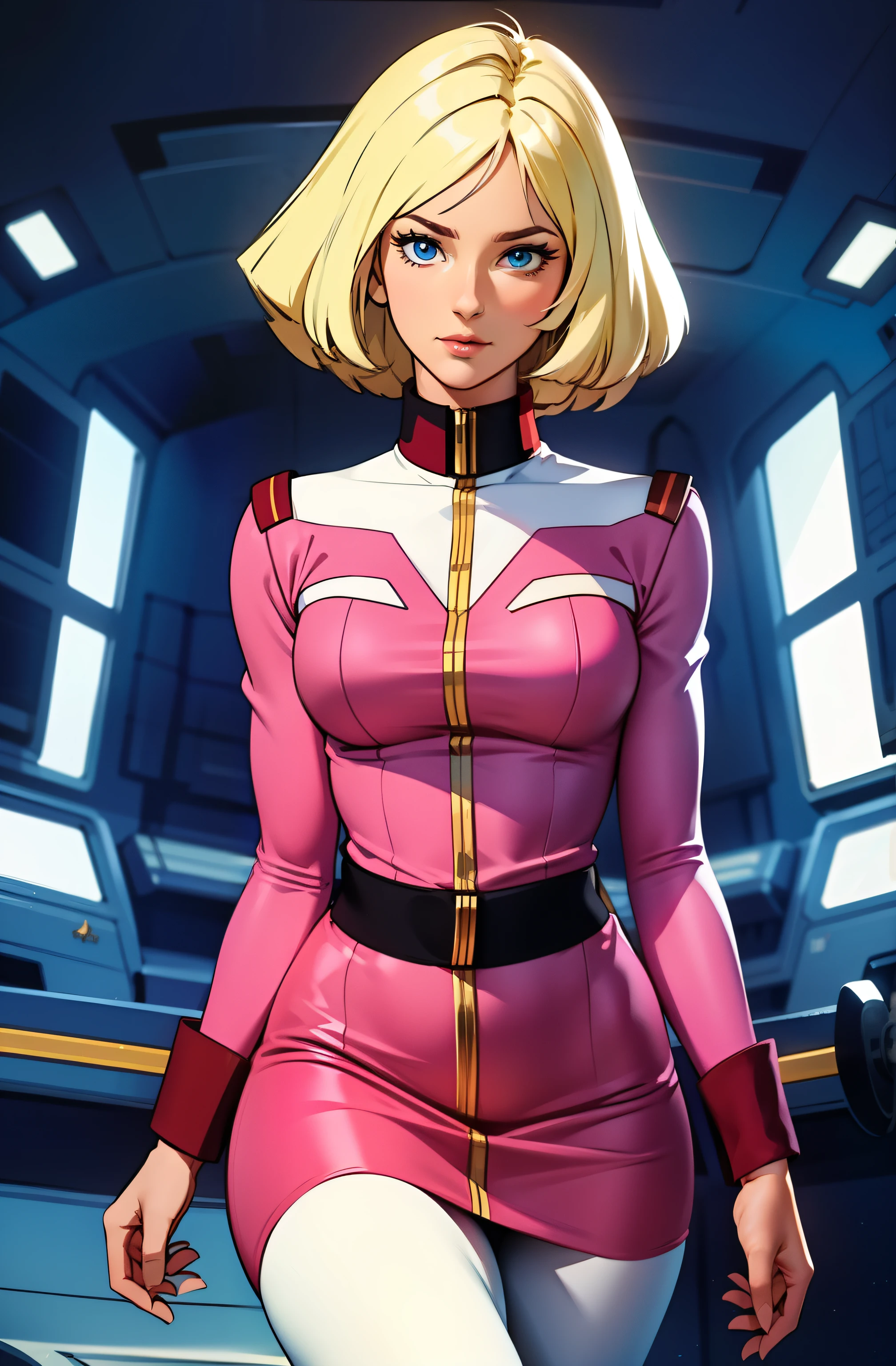 ((masterpiece)), ((cinematic lighting)), realistic photo、Real Images、Top image quality、1girl in, sayla mass, Elegant, masterpiece, Convoluted, slim arms, wide hips, thick thighs, thigh gaps, Best Quality, absurderes, high face detail, Perfect eyes, mature, Cowboy Shot, , Vibrant colors, soft pink uniform, soft pink Skirt, white tights