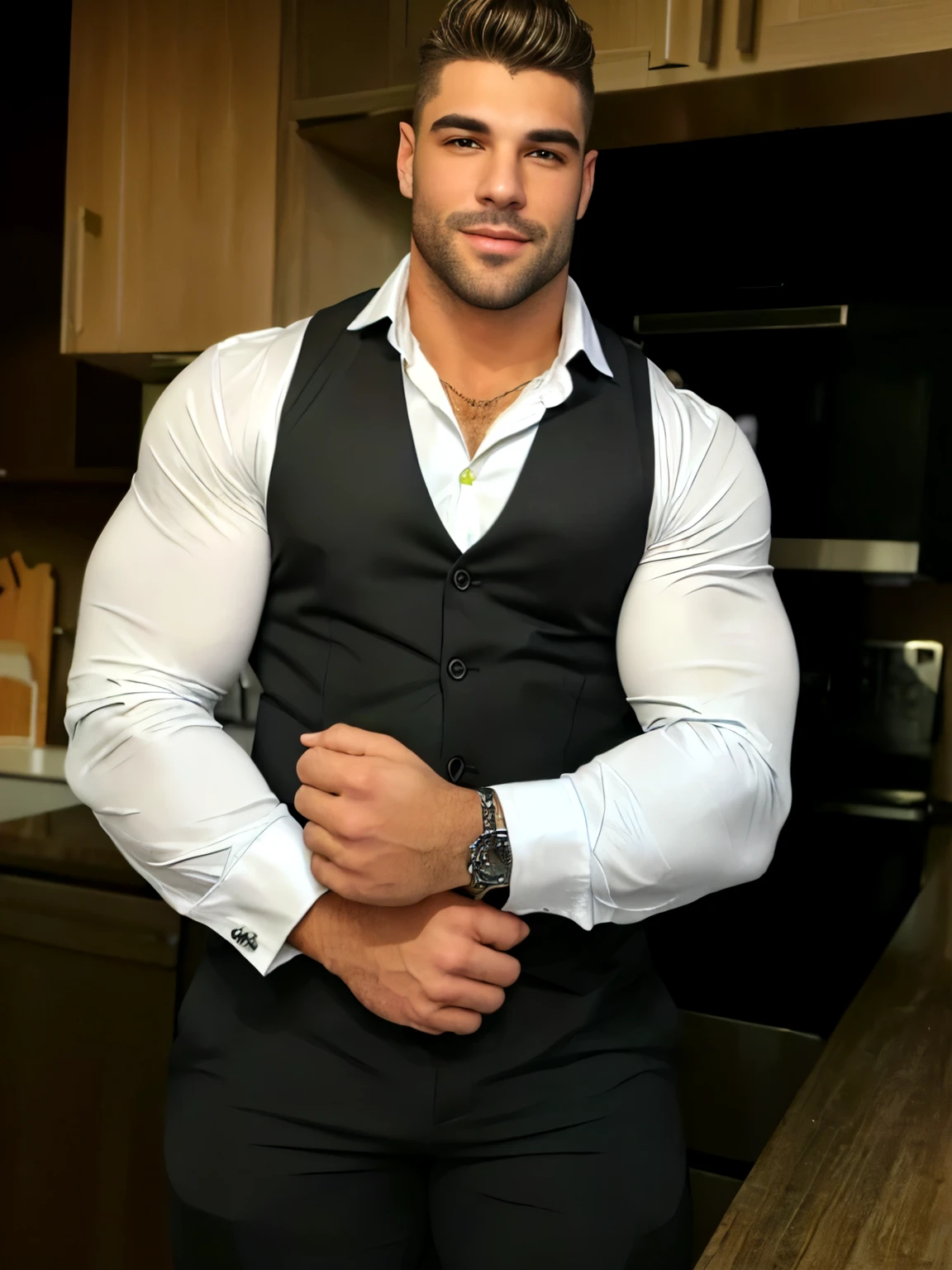 trimmed man in vest and white shirt standing in a kitchen, sem camisa por baixo do colete, muito bonito. big muscles, homem bonito, masculino sexy, mid shot of a handsome guy, strong masculine traits, forte e imponente, exaggerated muscular physique, muito musculoso, exaggeratedly large physique, roupas abertas no peito, vestindo um colete e uma gravata, Michele Morrone