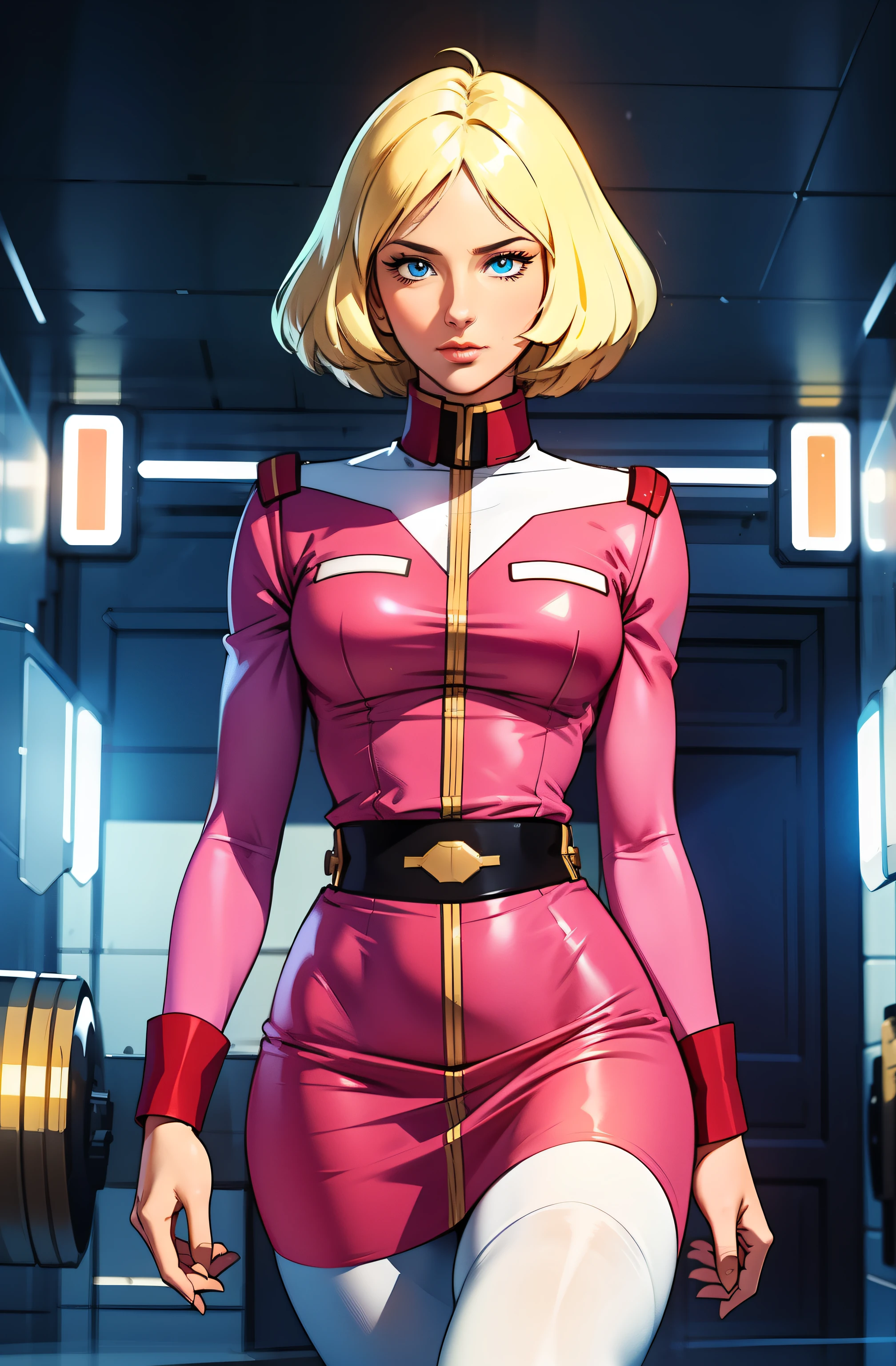 ((masterpiece)), ((cinematic lighting)), realistic photo、Real Images、Top image quality、1girl in, sayla mass, Elegant, masterpiece, Convoluted, slim arms, wide hips, thick thighs, thigh gaps, Best Quality, absurderes, high face detail, Perfect eyes, mature, Cowboy Shot, , Vibrant colors, soft pink uniform, soft pink Skirt, white tights