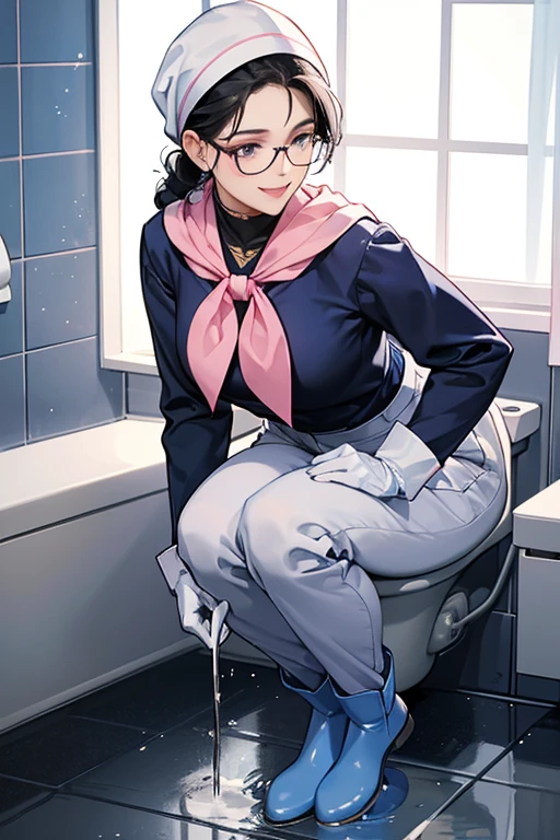 A mature woman with glasses and black hair tied up, wearing a navy blue long-sleeved shirt and light blue slacks, wearing large pink gloves, white rubber boots, a white hood on her head, and a smile, is cleaning the toilet.