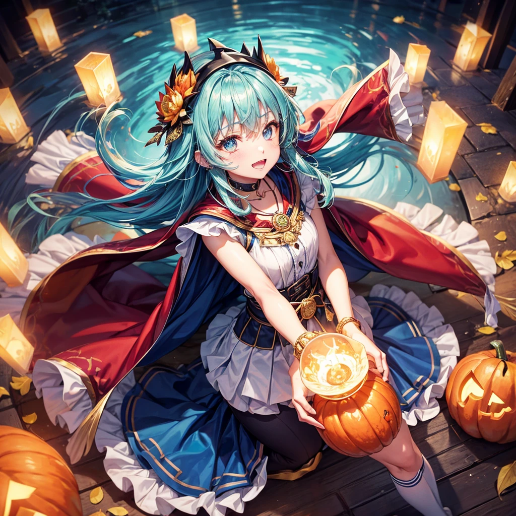 Aqua blue hair、Golden Eyes、Braid、One good looking girl、solo、anime、Checkered mini skirt、Ruffles on the skirt、Red T-shirt、Cape、Gothic、Black knee-high socks、bandana、Fluffy clothes、Wearing a ribbon、Ribbon on waist、Tilting face、Teeth are visible、Sunset sky、Piercing the clouds、Contrail、lotus leaves、Cumulonimbus、Pillar of Light、candle fire、Silver coin necklace、A world of light、Spreading his arms for balance、Pumpkin hat、From above