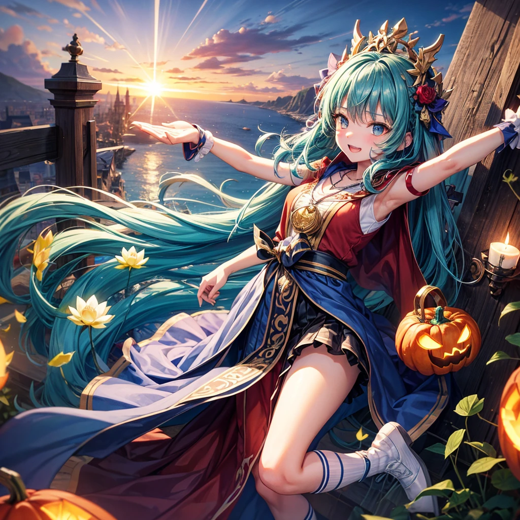 Aqua blue hair、Golden Eyes、Braid、One good looking girl、solo、anime、Checkered mini skirt、Ruffles on the skirt、Red T-shirt、Cape、Gothic、Black knee-high socks、bandana、Fluffy clothes、Wearing a ribbon、Ribbon on waist、Tilting face、Teeth are visible、Sunset sky、Piercing the clouds、Contrail、lotus leaves、Cumulonimbus、Pillar of Light、candle fire、Silver coin necklace、A world of light、Spreading his arms for balance、Pumpkin hat、From above