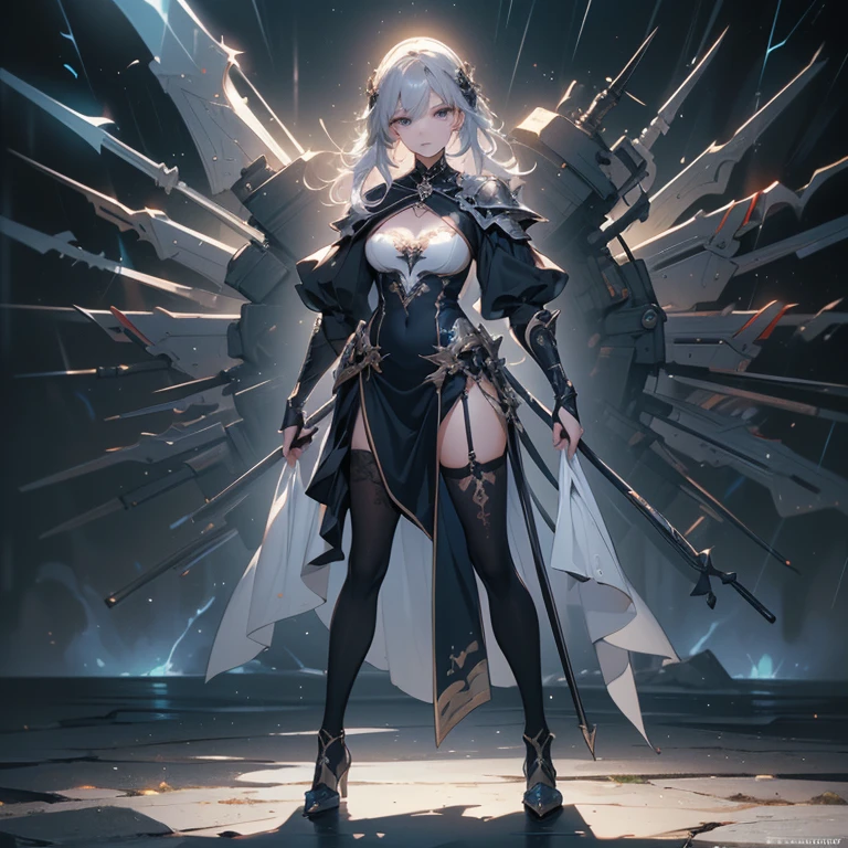 (((masterpiece, best quality, high detailed, 8k))) Design a layout showcase Gaming character, (1girl). Silver|Blue clothes, stylish and unique. ((showcase weapon:1.4)), lightning rod. (masterpiece:1.2), (best quality), 4k, ultra-detailed. (Step by step design, layout art:1.5), (luminous lighting, atmospheric lighting). storm mage, ((glove full hands)), (((revealing clothes:1.3))), vambraces, armored legwear, (((full_body_shot:1.4))). {During a thunderstorm}.