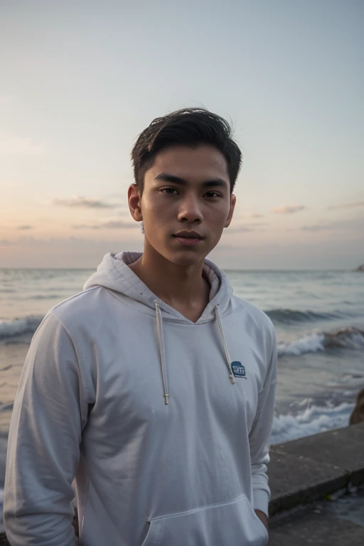 Filipino male, 21 years old, tall, handsome, wearing a hoodie, his picture is in the sea, only his face can be seen, the sea behind him, but the time is 3 A.M.