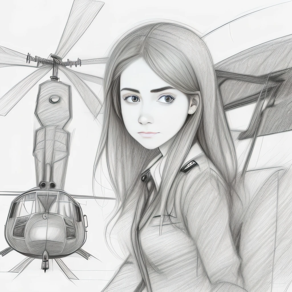 (pencil rough sketch:1.5),(1girl, 20yo, serious, transport helicopter:1.3)