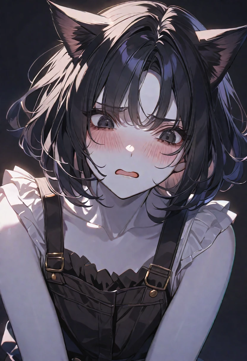 solo, handsome, 1. Female, Straight short hair,black hair, black eyes,Soft look ,Lolita,Cat ear,Overalls,bra,Sexy,Embarrassed,panic,White skin,black background,Face close-up