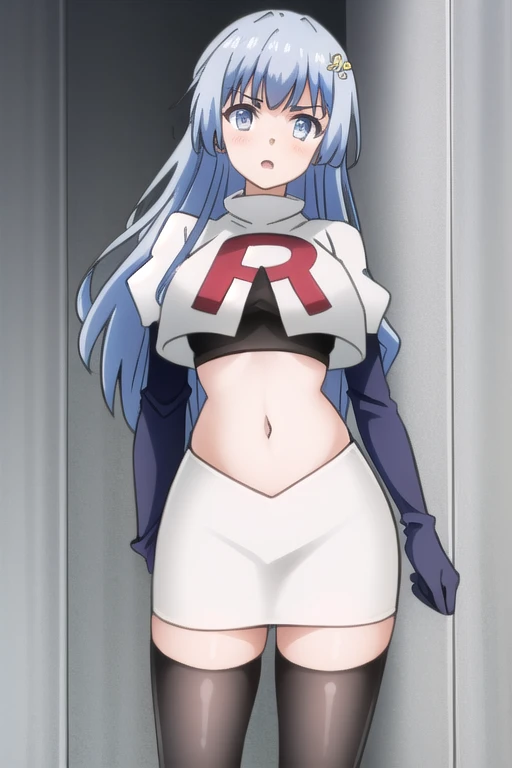 (extremely detailed CG unity 4k wallpaper),(masterpiece),(best quality),(ultra-detailed),(best illustration),(best shadow),(absurdres),(detailed background) Miku Izayoi, 1girl, long hair, solo, breasts, hair ornament, looking at viewer, blue hair, blue eyes, very long hair, bangs, blush, team rocket,team rocket uniform,white skirt,red letter R,crop top,black thigh-highs,black elbow gloves