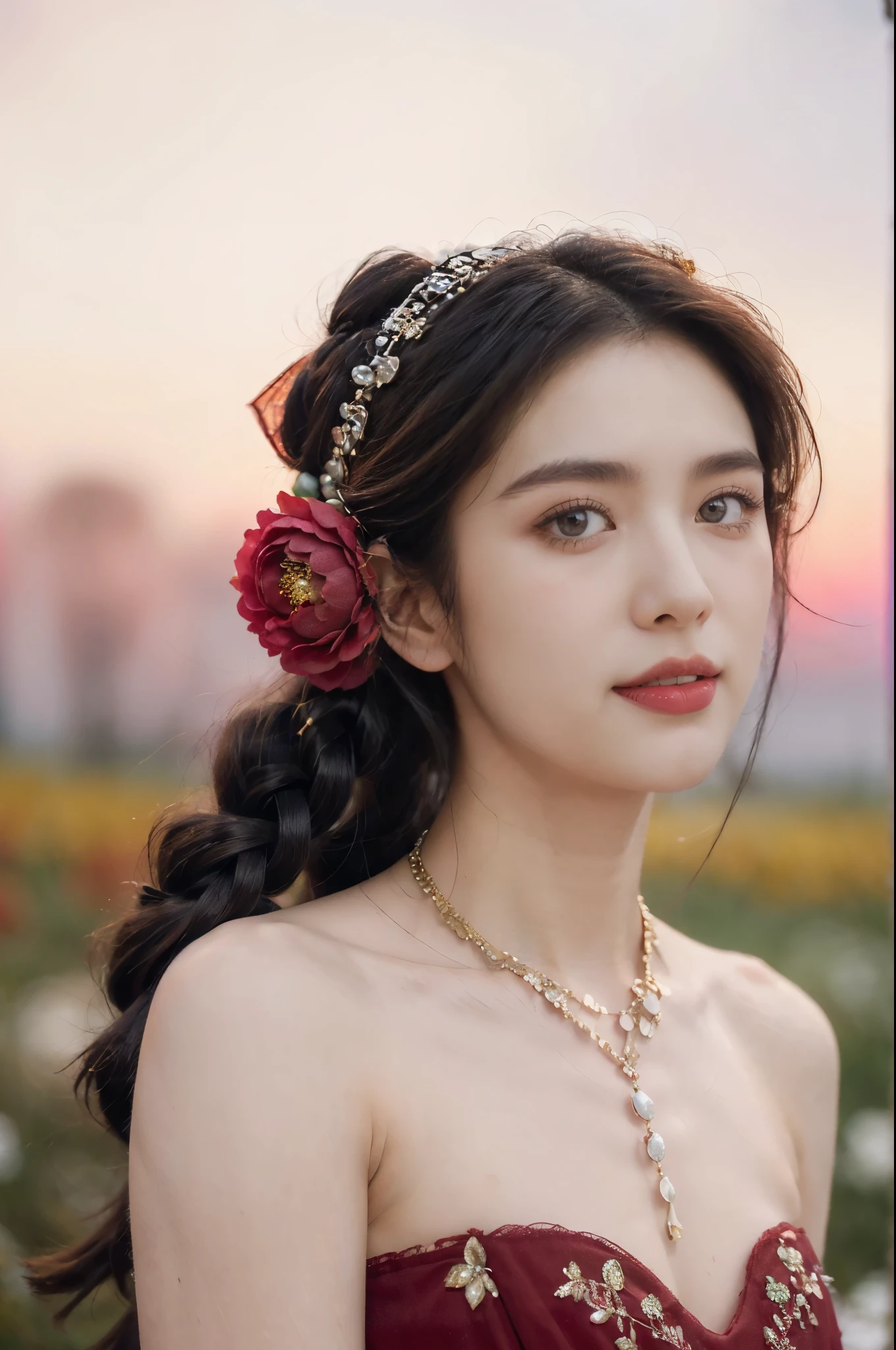 (Extremely meticulous CG),(((8k))),wallpaper,((Extremely refined and beautiful)),(((Masterpiece))),(((best qualtiy))),(((Ultra High Resolution))),beautiful light up,realistic shaded,(Smooth and flawless fair skin:1.5),(Extremely exquisite facial details:1.2),(ultra-detailed:1.5),((A beautiful Arabian girl,solo)),(pink headscarf:1.3),(short dreadlocks:1.2),(small head:1.2),(slender face:1.2),(Exquisite makeup:1.3),(happy:1.2),(laughing:1.2),(yashmak on face:1.3),(necklace:1.2),(perfect body:1.1),(strapless red bra:1.3),(small breasts:1.2),(flat chest:1.2),((slim,thin)),(from front:1.3),(standing:1.3),(On the verdant grassland full of colorful flowers:1.5),(many colors:1.5),(cattles and sheeps:1.2),(boreal forest:1.2),(distant snowy mountains:1.2),(pink sky:1.2),(detailed background:1.3),(outdoor:1.3),(early summer:1.3),(night scene:1.5),(red aurora:1.3),(close-up of face:1.3)