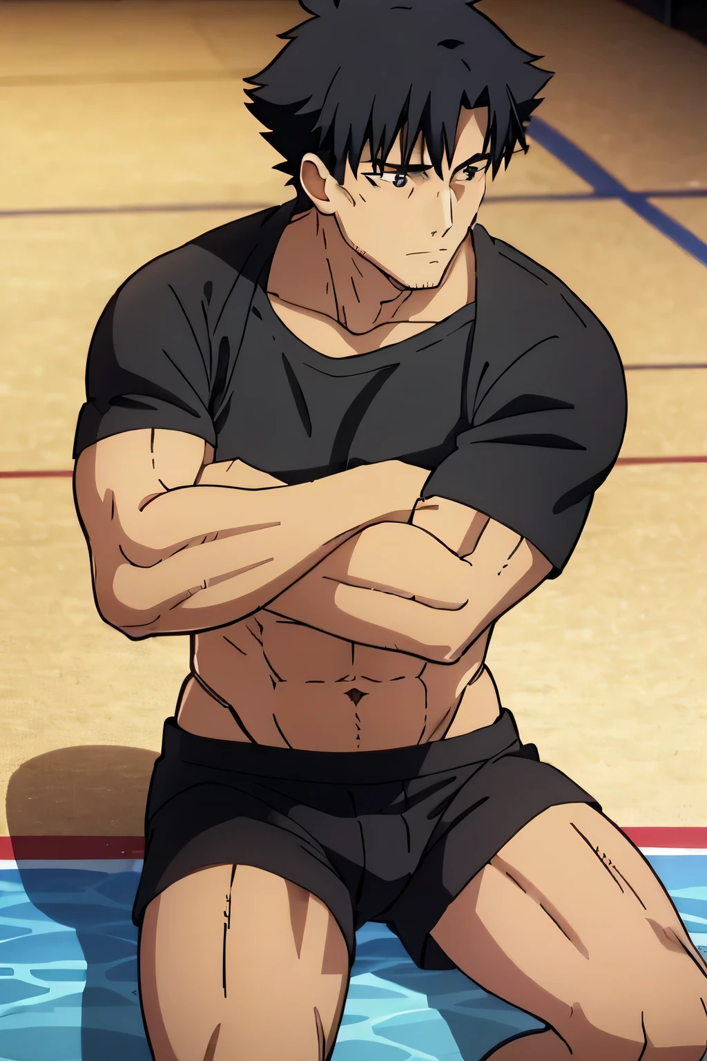 Kiritsugu is sitting and flexing his biceps and abs. He wears black short boxershorts. You can see his thighs. He is admiring his muscles. He has bulging veins on his arms. He wears a black tshirt with short sleeves. His right sleeve is completely rolled up so you can see his entire arm and shoulder. He is showing his abs too.