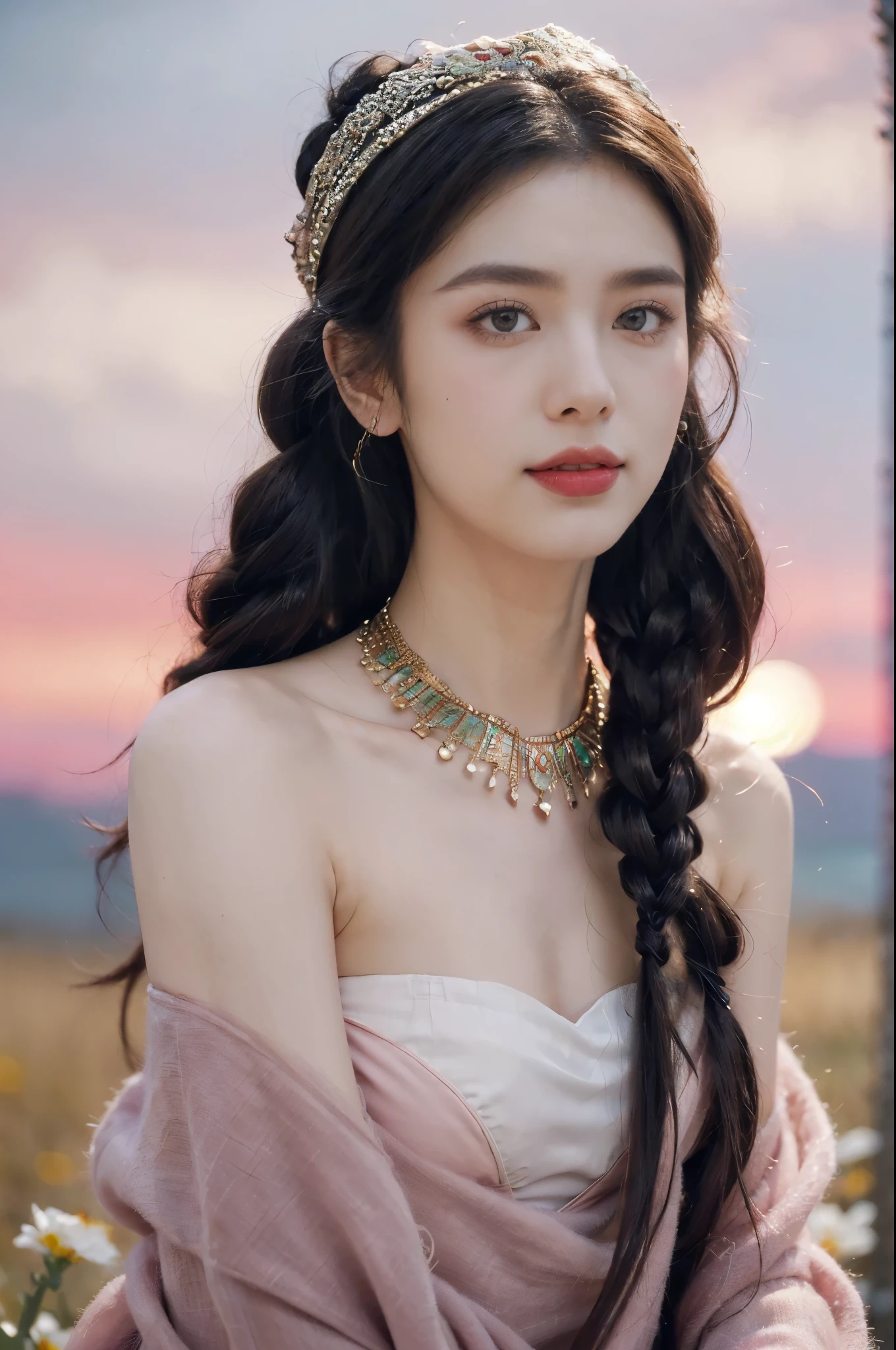 (Extremely meticulous CG),(((8k))),wallpaper,((Extremely refined and beautiful)),(((Masterpiece))),(((best qualtiy))),(((Ultra High Resolution))),beautiful light up,realistic shaded,(Smooth and flawless fair skin:1.5),(Extremely exquisite facial details:1.2),(ultra-detailed:1.5),((A beautiful Arabian girl,solo)),(pink headscarf:1.3),(short dreadlocks:1.2),(small head:1.2),(slender face:1.2),(Exquisite makeup:1.3),(happy:1.2),(laughing:1.2),(yashmak on face:1.3),(necklace:1.2),(perfect body:1.1),(strapless red bra:1.3),(small breasts:1.2),(flat chest:1.2),((slim,thin)),(from front:1.3),(standing:1.3),(On the verdant grassland full of colorful flowers:1.5),(many colors:1.5),(cattles and sheeps:1.2),(boreal forest:1.2),(distant snowy mountains:1.2),(pink sky:1.2),(detailed background:1.3),(outdoor:1.3),(early summer:1.3),(night scene:1.5),(red aurora:1.3),(close-up of face:1.3)