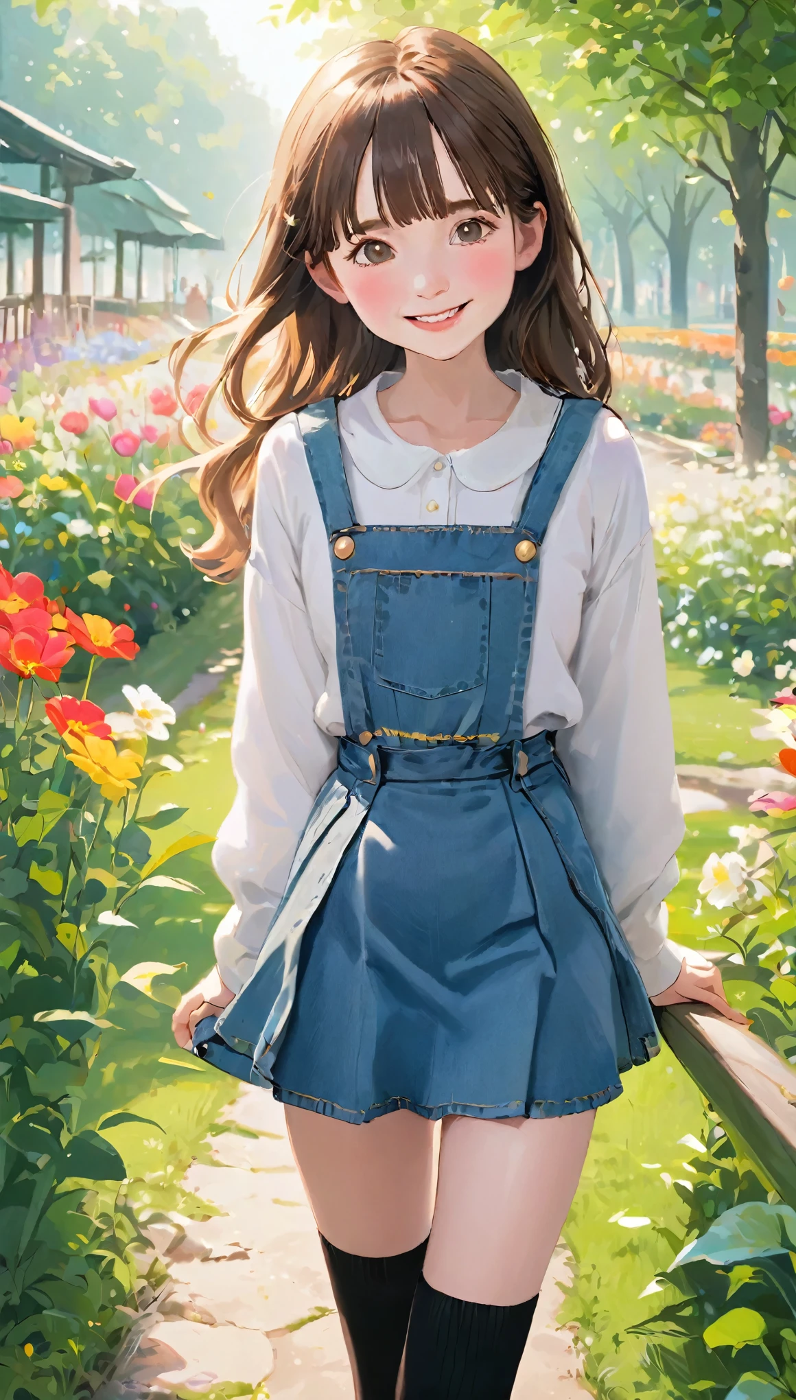 4K, masterpiece, 8k, high quality, 最high quality,10歳のcute少等生, Very white skin, Long brown hair，a bit，Low length，freckles，Thin eyebrows，Straight Bangs，(Flat Chest) ，feminine, freckles, Tilt, elegant, elegant, cute, smile, cute, Hilarious, belly button, Denim Low Rise Mini Skirt, ((Black knee socks)), (Ugly clothes)、((Flower garden in the park))