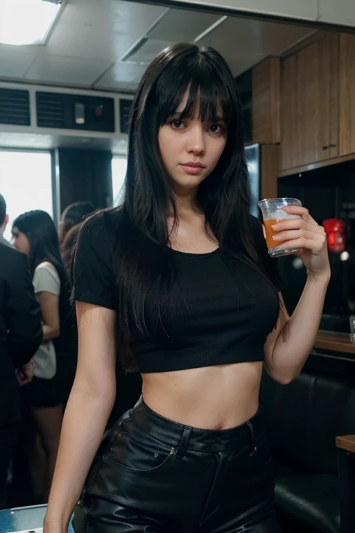 Create an image of a girl with long black hair and bangs, place her wearing a blue outfit as if she had been taken on your cell phone camera at a club holding a drink 