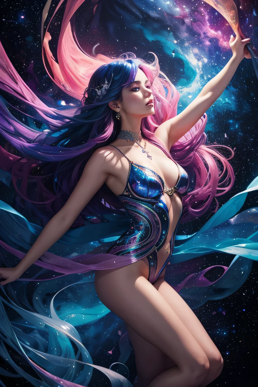 In the cosmic depths of an oil painting, a brilliantly chaotic celestial event unfolds: swirling galaxies of vibrant blues and pinks collide with shimmering stars and streaks of neon light. This stunning image is a painting that captures the essence of a whimsically surreal cosmic dance. Every detail is meticulously rendered with breathtaking precision, showcasing the artist's mastery of light and color. Viewers are transported to a kaleidoscopic realm where reality blurs with fantasy, inviting them to lose themselves in the enchanting beauty of the unknown.