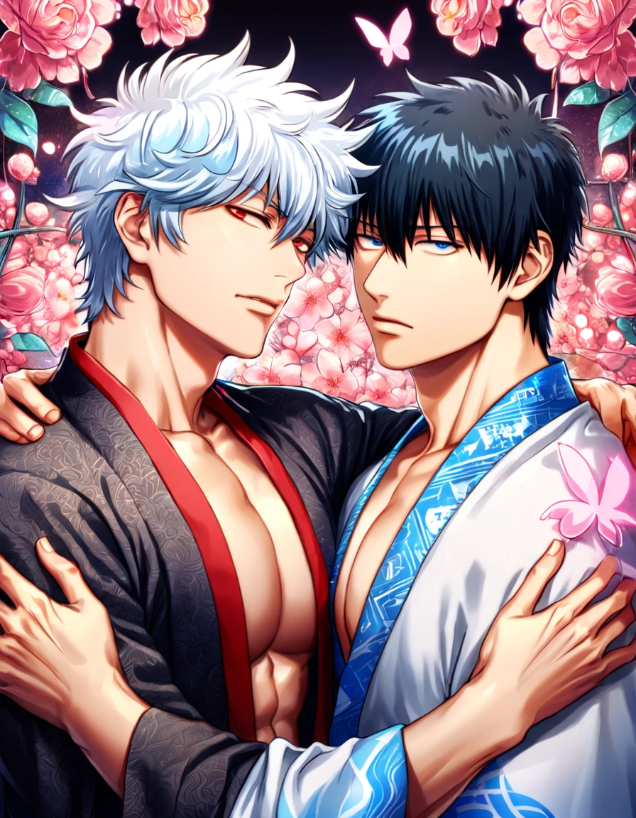 absurdres, highres, ultra detailed, HDR, master piece, best quality, perfect face, Sakata Gintoki, white hair, expressive red eyes, Gintama, Hijikata Toshiro, black hair, expressive dark blue eyes, two sexy men together, gay couple, yaoi, handsome, toned chest, white kimono, black kimono, patterns, magical, fantasy, water, pink flowers, blossoms, pink butterflies