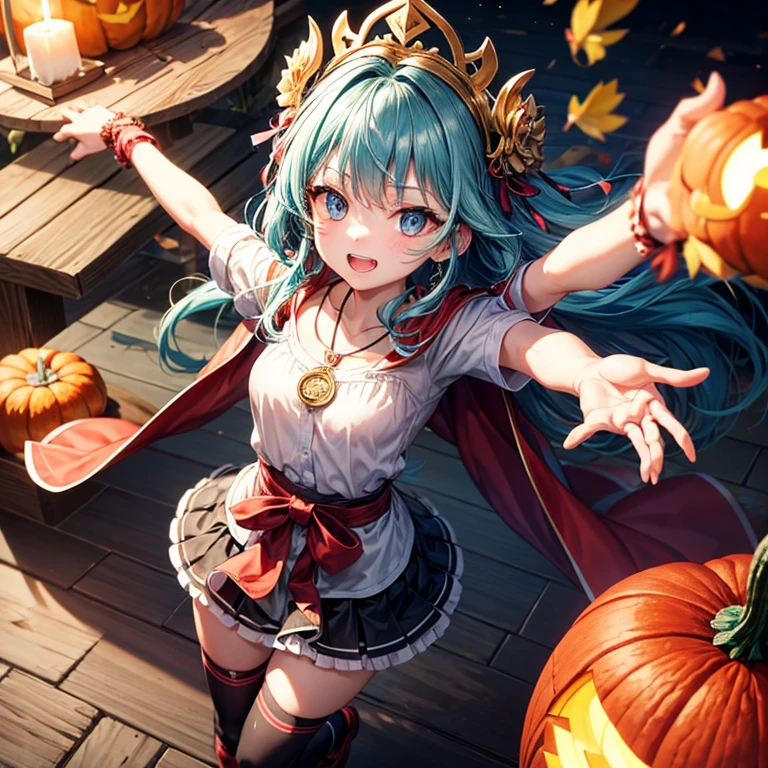 Aqua blue hair、Golden Eyes、Braid、One good looking girl、solo、anime、Checkered mini skirt、Ruffles on the skirt、Red T-shirt、Cape、Gothic、Black knee-high socks、bandana、Fluffy clothes、Wearing a ribbon、Ribbon on waist、Tilting face、Teeth are visible、Sunset sky、Piercing the clouds、Contrail、lotus leaves、Cumulonimbus、Pillar of Light、candle fire、Silver coin necklace、A world of light、Spreading his arms for balance、Pumpkin hat、From above