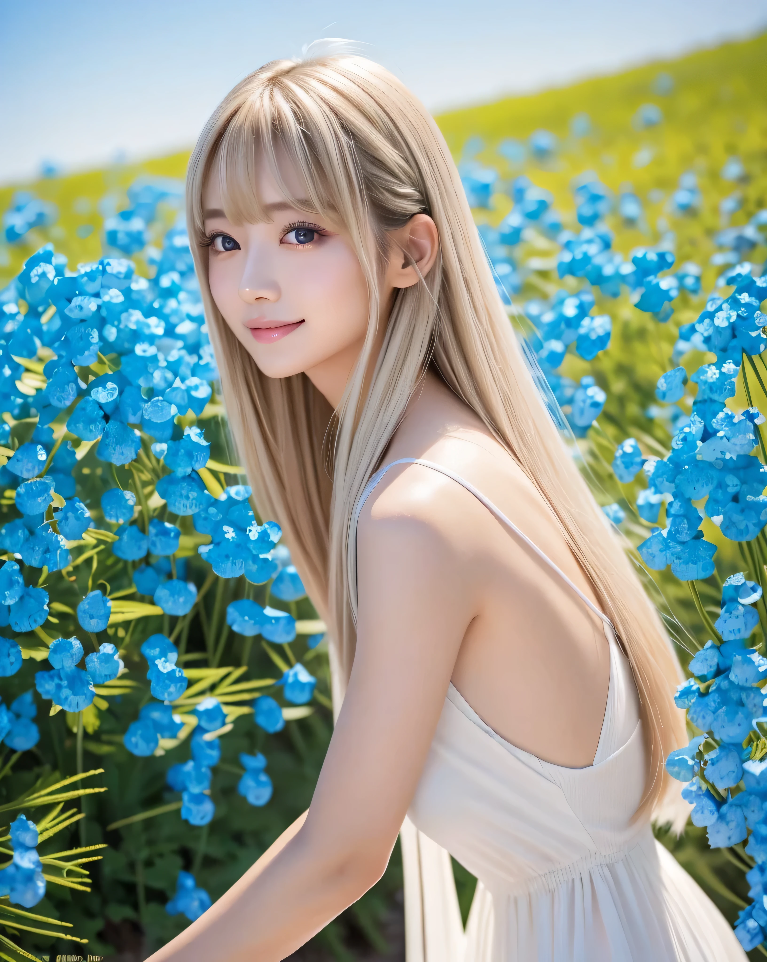 (highest quality, 32k, High resolution, Masterpiece:1.5, ), marimo_jet, god々A photograph with brilliant dazzling and healing power., Evoking a sense of calm and elusive beauty, Expressing emotions, Have a rich imagination,Beautiful Japanese Girls, An exceptionally beautiful face, Small Face Beauty, ((Full shot from the side:1.1)), Perfect Human Anatomy, Magical big eyes, Motherhood and generosity, Deep Love, A fleeting smile, ((Shiny ash beige hair:1.1)), Super Long Straight Silk Hair, Asymmetrical bangs, Hair between the eyes, Transparent, soft white skin, Sharp eyebrows, Thin lashes, Natural Makeup, Cheek highlighter, Pale pink detailed lips, , ((Simple white dress:1.2)), High resolution perfect collarbone, High resolution beautiful bust, Slim figure with ample breasts, High resolutionの美しい太もも, ((Nemophila field road:1.3)), ((Detailed blue sky background:1.3)), Dazzling Sun, Professional Lighting, Professional photographer, Professional models, God's Secret