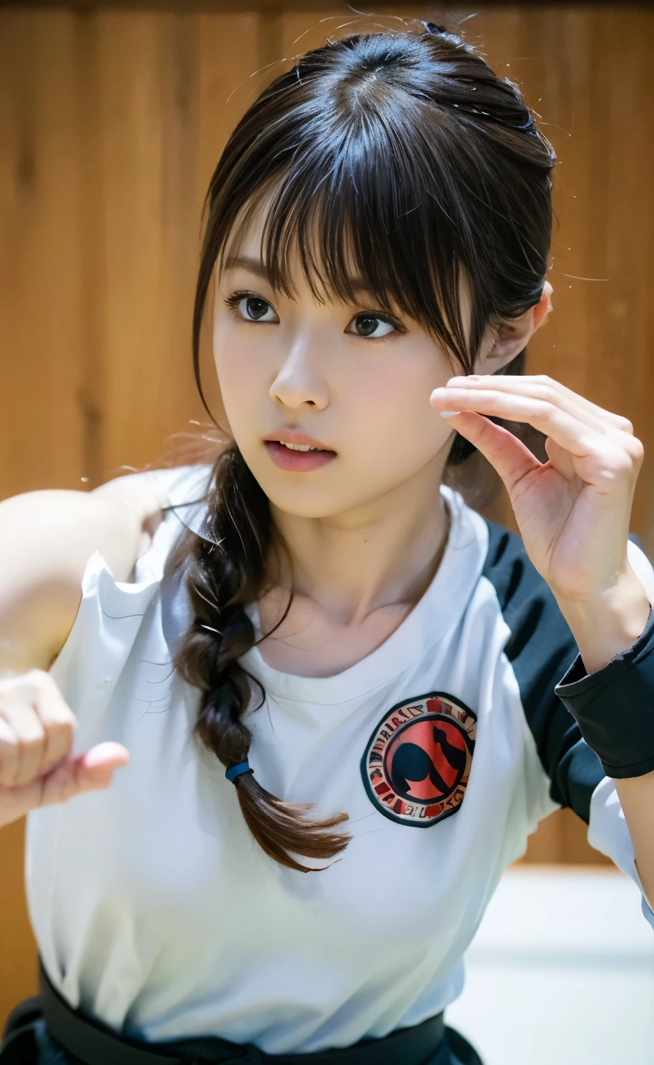 (((Perfect anatomy with perfectly aligned eyes and detailed limbs))),(((Capture the essence of the action and never miss a photo opportunity))),Shiho, a slim, muscular, beautiful karateka, practices in a large wooden dojo.,Serious look,Detailed movements,Serious Athlete,A fluid and strong body,(((He wears a traditional white long-sleeved, long-hemmed karate uniform over a T-shirt.,The worn and faded black belt is tied around the middle of the body.))),側面ローアングルから?足のしほさんを全身撮Shadow,All in one,Mastering martial arts,Japanese extreme vacuum master,accurate kicks and blows,Sweat splashes,strength and discipline,defender of peace and justice,sharp reflexes,controlled breathing,Dojo training,Mental and physical balance,harmony of mind and body,Aiming for perfection,strategic combat,dynamic fighting techniques,Strong stance,rippling muscles,energetic punches and kicks,Focused gaze,Resolute expression,zen-like concentration,break a wooden board with force,active training session,Strict discipline,competitive tournament,Black and white color scheme,Master karate,Karate as a way of life,Intense exercise,burst of energy,mindful meditation,Travel,Fierce determination,unwavering,battle-tested karateka,crush your opponent with precision,lead by example,Indomitable,Perfect technique execution,Embodying the essence of karate.Focus on the face,Like a movie,texture,Detailed face,Detailed skin,Detailed fingers,Natural Hand 2-3500,Analog Film Photography,Deep Photo,The depth of the written world,Ferrania P30 Film,Shadow,Perfect face and body,35mm Photography,(((Beautiful hair neatly braided))),Air flow is represented by fine light-reflecting particles,4K Digital SLR Camera,Film Grain,Fujifilm XT3,(Saiharu Body),(Delicate eyes and face),Professional Perspective,Amazing details,Beauty condensed into one girl,Beautiful face with a delicate and high nose,Coke bottle body,A handsome face with a high, straight nose, clear chestnut eyes and glossy lips.,I used a Nikon D5 and set the F value to F1..4 ISO100 Shutter speed 1/500,8K highest quality,Create a striking photo with a contrast of light and shadow,