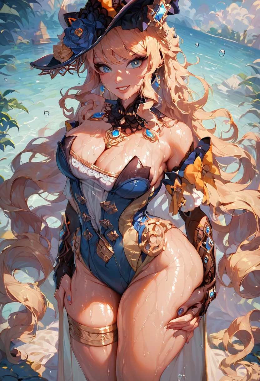 score_9, score_8_up, score_7_up, ultra detailed, looking ate viewer, one cute and  noble girl, ginavia, Navia from guenshin Impact, standing. hands on , solo, sweating skin, oiled skin, wet skin, , water drops, prefect face, gloss lips, , cleavage, wide hip, thick thighs, detailed feet, grin,