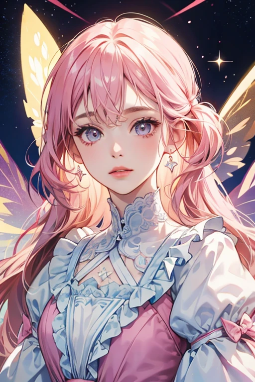 Fairytchi has pale pink skin and pink cheeks. Most of her head is light pink, except for her face, which is pale pink, and a dark pink triangular stripe that goes down the middle of her head. She has dark oval-shaped eyes with starry reflections and three eyelashes each. She has two white butterfly wings with light pink swirls on each side of her head, and dark pink antennae sticking out of the top of her head. She wears a light blue and yellow frilly dress with a frilly white collar. SPARKLE; GLITTER