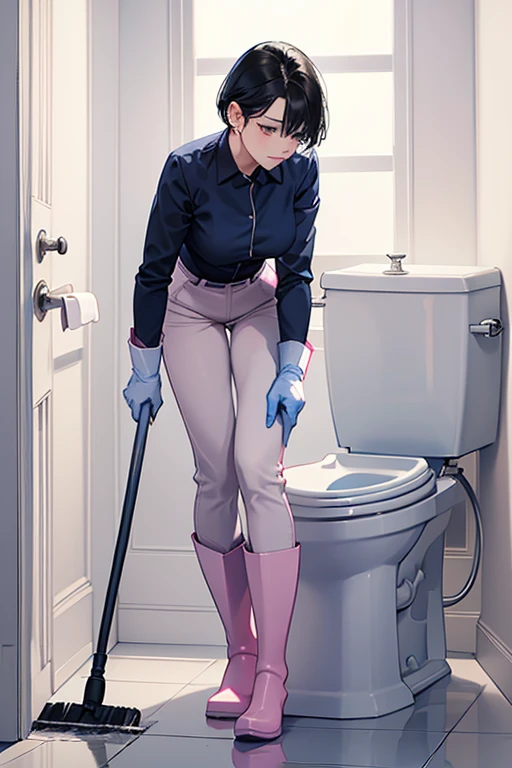 A mature woman with short black hair, wearing a navy blue long-sleeved shirt and light blue slacks, wearing large pink gloves and white rubber boots, cleaning a dirty toilet