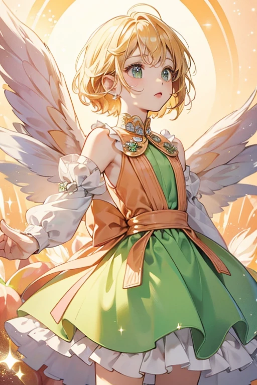 Fairytchi resembles a small human, having peach colored skin and blond hair. They wear a light green dress and have white wings on their back. . SPARKLE; GLITTER