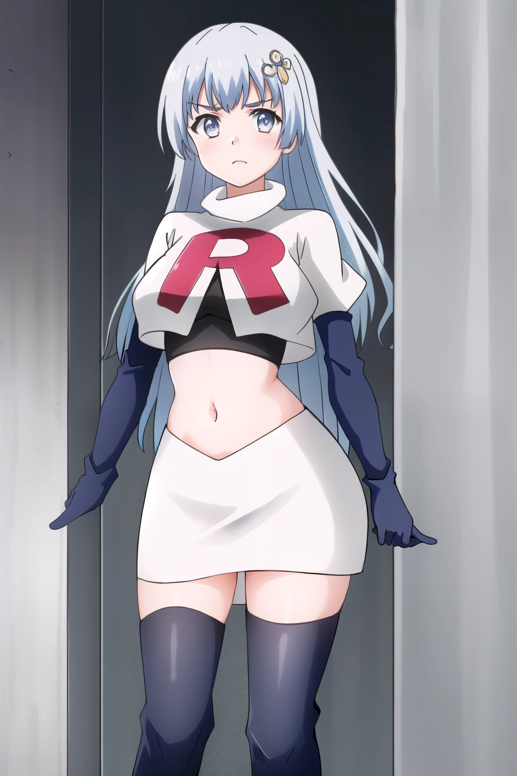 (extremely detailed CG unity 4k wallpaper),(masterpiece),(best quality),(ultra-detailed),(best illustration),(best shadow),(absurdres),(detailed background) Miku Izayoi, 1girl, long hair, solo, breasts, hair ornament, looking at viewer, blue hair, blue eyes, very long hair, bangs, blush, team rocket,team rocket uniform,white skirt,red letter R,crop top,black thigh-highs,black elbow gloves