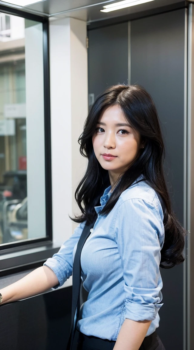 ((highest quality、8k、masterpiece:1.3))、Photorealistic, Sharp focus, high resolution, High resolution, Portraiture, alone, Japanese, Middle-aged women, Beautiful woman, sexy, Change of clothes、Half-taken shirt、Lean forward、 43 years old, plump, semi-long, Wrinkles around the eyes, Office Changing Room, many steel lockers, Dark Background,