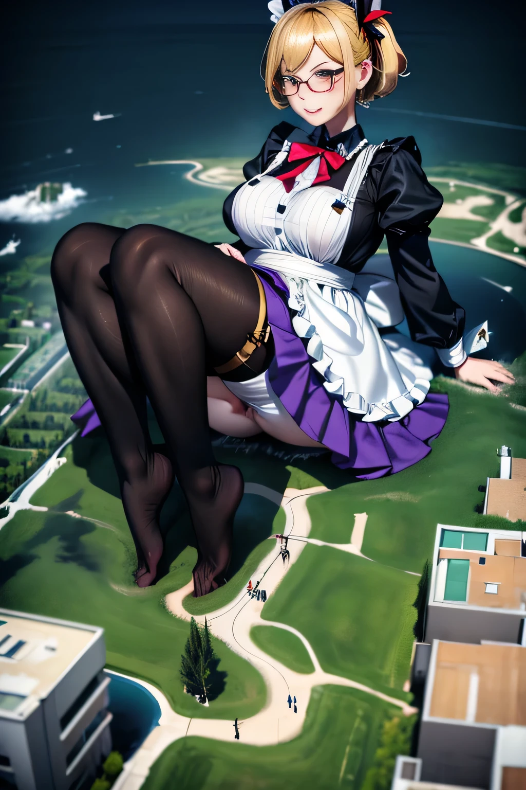 giantess art, highly detailed giantess shots, giantess, Two legs, Five fingers, short hair, A beautiful girl who is bigger than any skyscraper, Wearing rimless glasses, Big Breasts, Big Butt, Maid clothes, Black Pantyhose, black pantyhose, pantyhose feet, Steam coming out from the soles of the feet, A very small big city, Miniature metropolis, Full body description, GTS, giga giantess, stomping city, crash city, tiny city, micro city, pantyhose feet, High resolution, highest quality, masterpiece, Maid, maid,