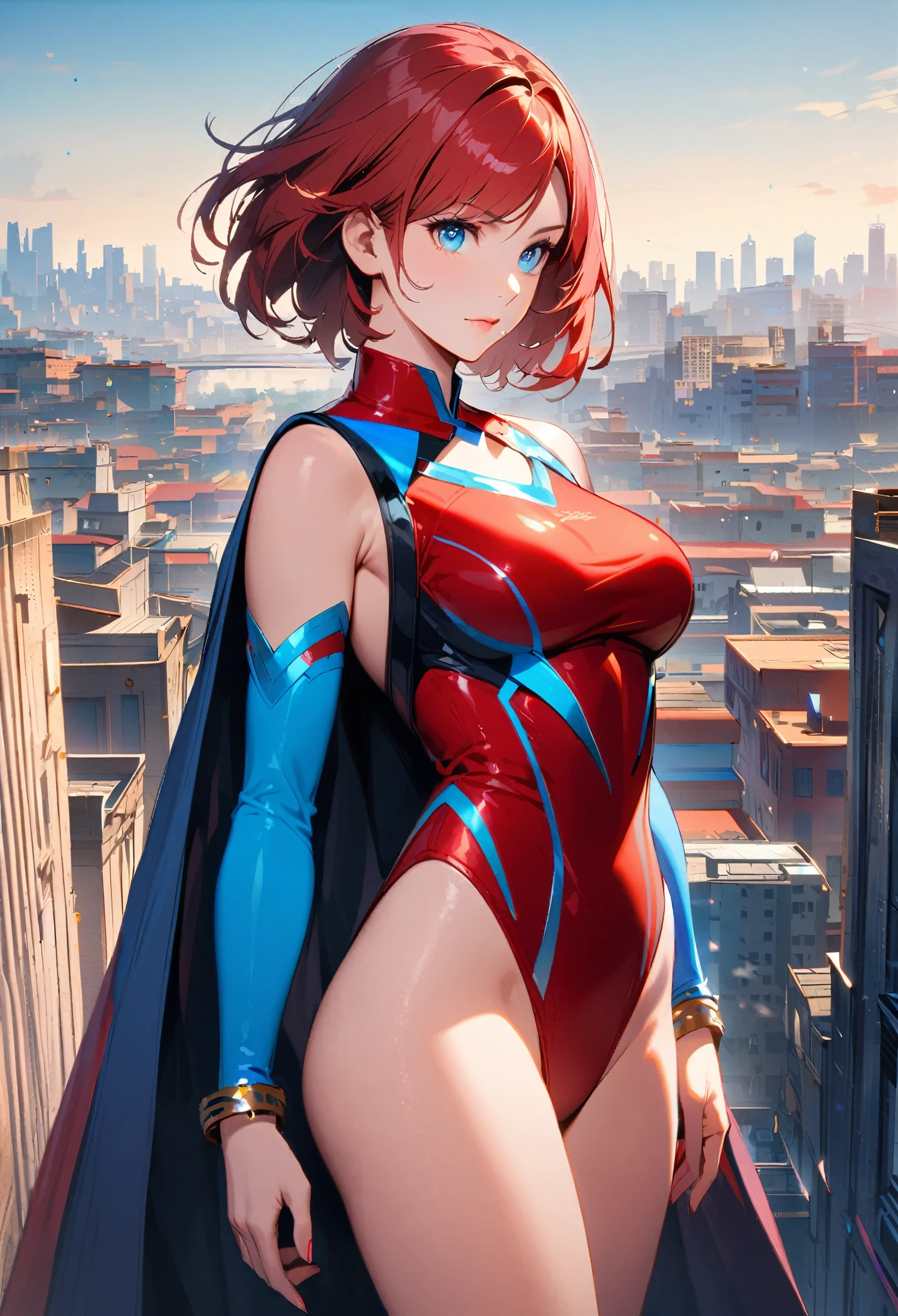 1girl, medium breasts, leotard, red leotard with blue accents, bare legs, boots, matching boots, bracelets, city backdrop, solo, single, standing, full body shot, cowboy shot, beautiful detailed eyes, blue eyes, mature lady, red hair, short hair, bob hair, superhero