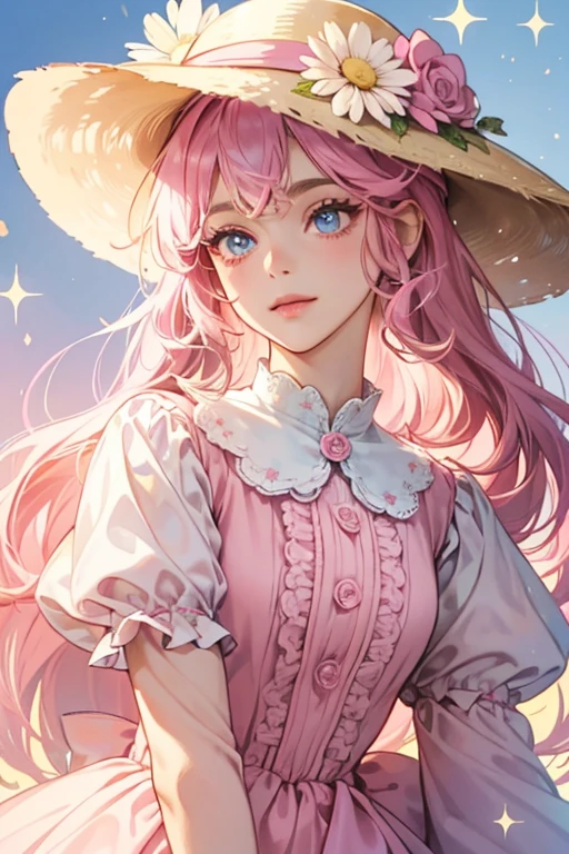 Fancytchi resembles a pink bear. She has blue eyes with light blue highlights and eyelashes. She has a curl of hair on top of her head and light pink cheek highlights. She wears a brown sun hat decorated with a daisy and a dark pink dress with white trim and yellow collar. SPARKLE; GLITTER