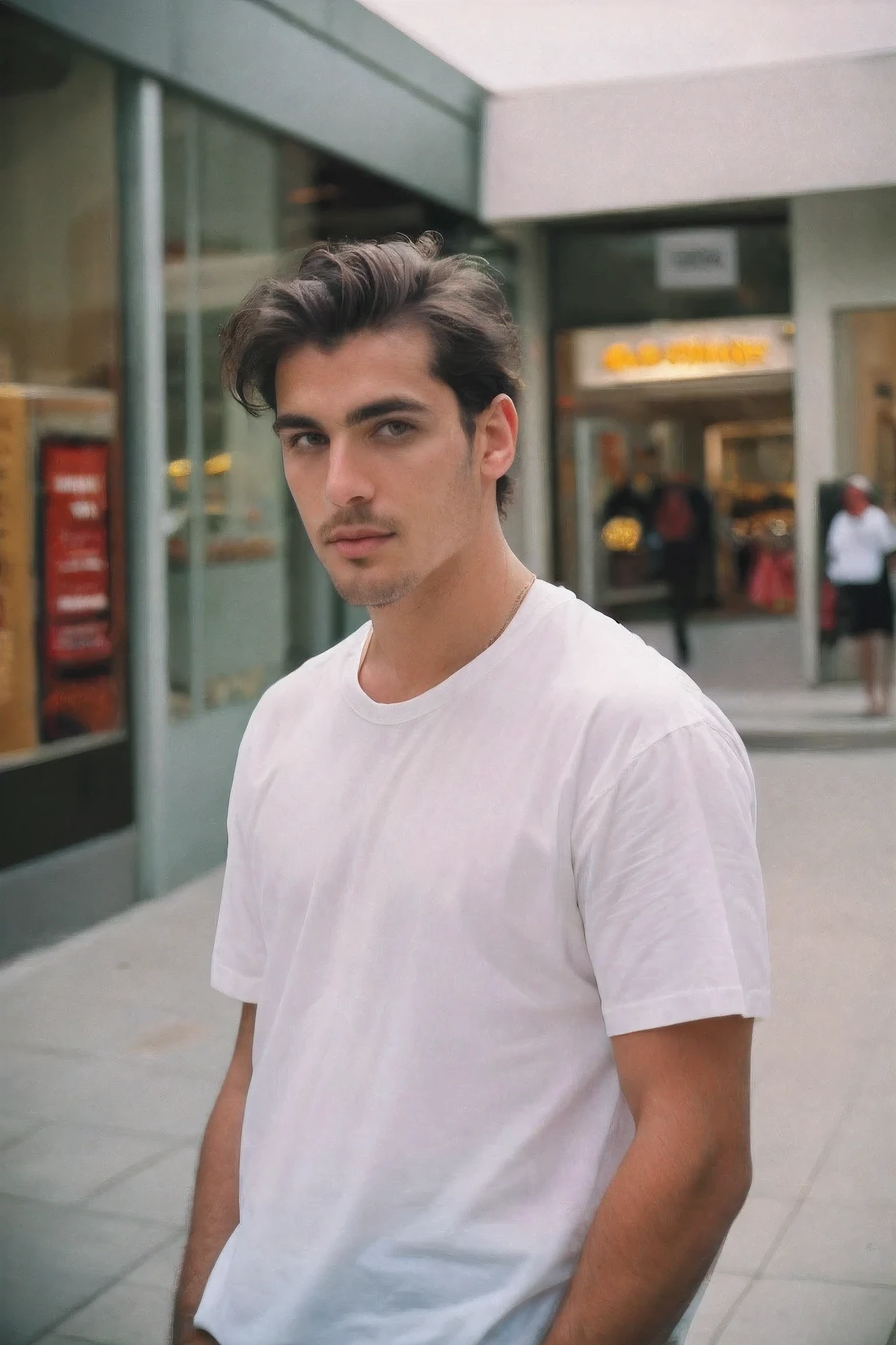 natural light, analog film photo, Kodachrome , Handsome Men short hair ,Mall
