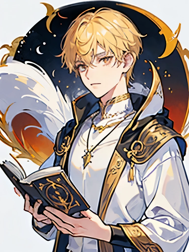 Teenage boy with short blonde hair, amber-honey eyes, a mature appearance, wearing white armor covered by a black cloak. The hair is short and wavy, with a neutral expression. The character is adorned with a full crescent moon and a waning moon necklace, as well as a red moon amethyst necklace. Book style ((ONE CHARACTER)), White background