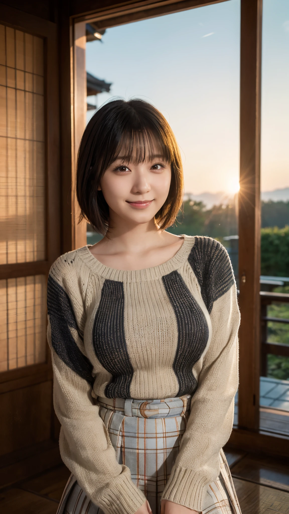 (highest quality,masterpiece:1.3,Ultra-high resolution),(Super detailed,Caustics,8k), (Photorealistic:1.4, RAW shooting),dusk,Sunset sky,Inside the Japan house,Japanese,20-year-old,smile,Black short hair,(Summer knitwear),Big Breasts,Checkered Skirt,Bust up shot,Natural light