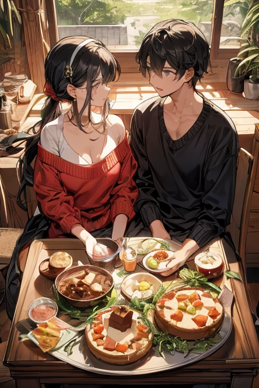 (small breasts:1.2), (perky chest:1.2), (pointed chest:1.2), (Pudding cake magazine cover:1.3),(from above:1.0),(from side:0.9),masterpiece, 1girl, Amazing Cleavage:1.1, thin waist, big ass, Raised sexy, posed cleavage:1.2、solo, looking at viewer, open mouth, have a cute grass of cute beergrass,black hair, dark green eyes, dress, bare shoulders, jewelry, collarbone, sidelocks, hairband, earrings, indoors, off shoulder, sweater, arms behind back, plant, short hair with long locks, gild hairband, off-shoulder dress, sweater dress, off-shoulder sweater, red sweater, dark gord hair, big side hair, very long side hair,is rendered in (masterpiece: 1.2, best quality), with (ultra high resolution) and an exquisite (depth of field). This masterpiece is not only visually stunning but also tells,A scene of cooking in the kitchen by classroom