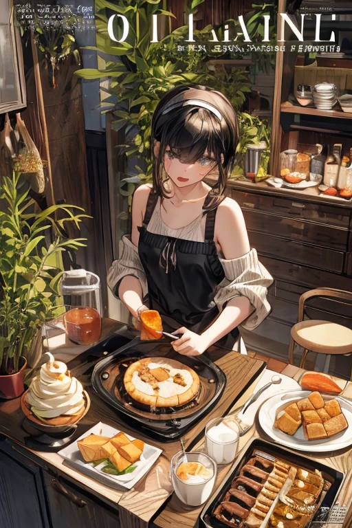 (small breasts:1.2), (perky chest:1.2), (pointed chest:1.2), (Pudding cake magazine cover:1.3),(from above:1.0),(from side:0.9),masterpiece, 1girl, Amazing Cleavage:1.1, thin waist, big ass, Raised sexy, posed cleavage:1.2、solo, looking at viewer, open mouth, have a cute grass of cute beergrass,black hair, dark green eyes, dress, bare shoulders, jewelry, collarbone, sidelocks, hairband, earrings, indoors, off shoulder, sweater, arms behind back, plant, short hair with long locks, gild hairband, off-shoulder dress, sweater dress, off-shoulder sweater, red sweater, dark gord hair, big side hair, very long side hair,is rendered in (masterpiece: 1.2, best quality), with (ultra high resolution) and an exquisite (depth of field). This masterpiece is not only visually stunning but also tells,A scene of cooking in the kitchen by classroom