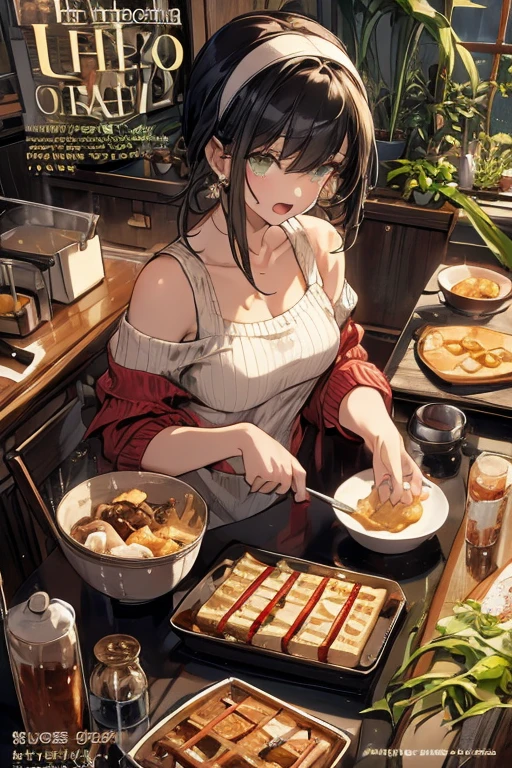 (small breasts:1.2), (perky chest:1.2), (pointed chest:1.2), (Pudding cake magazine cover:1.3),(from above:1.0),(from side:0.9),masterpiece, 1girl, Amazing Cleavage:1.1, thin waist, big ass, Raised sexy, posed cleavage:1.2、solo, looking at viewer, open mouth, have a cute grass of cute beergrass,black hair, dark green eyes, dress, bare shoulders, jewelry, collarbone, sidelocks, hairband, earrings, indoors, off shoulder, sweater, arms behind back, plant, short hair with long locks, gild hairband, off-shoulder dress, sweater dress, off-shoulder sweater, red sweater, dark gord hair, big side hair, very long side hair,is rendered in (masterpiece: 1.2, best quality), with (ultra high resolution) and an exquisite (depth of field). This masterpiece is not only visually stunning but also tells,A scene of cooking in the kitchen by classroom