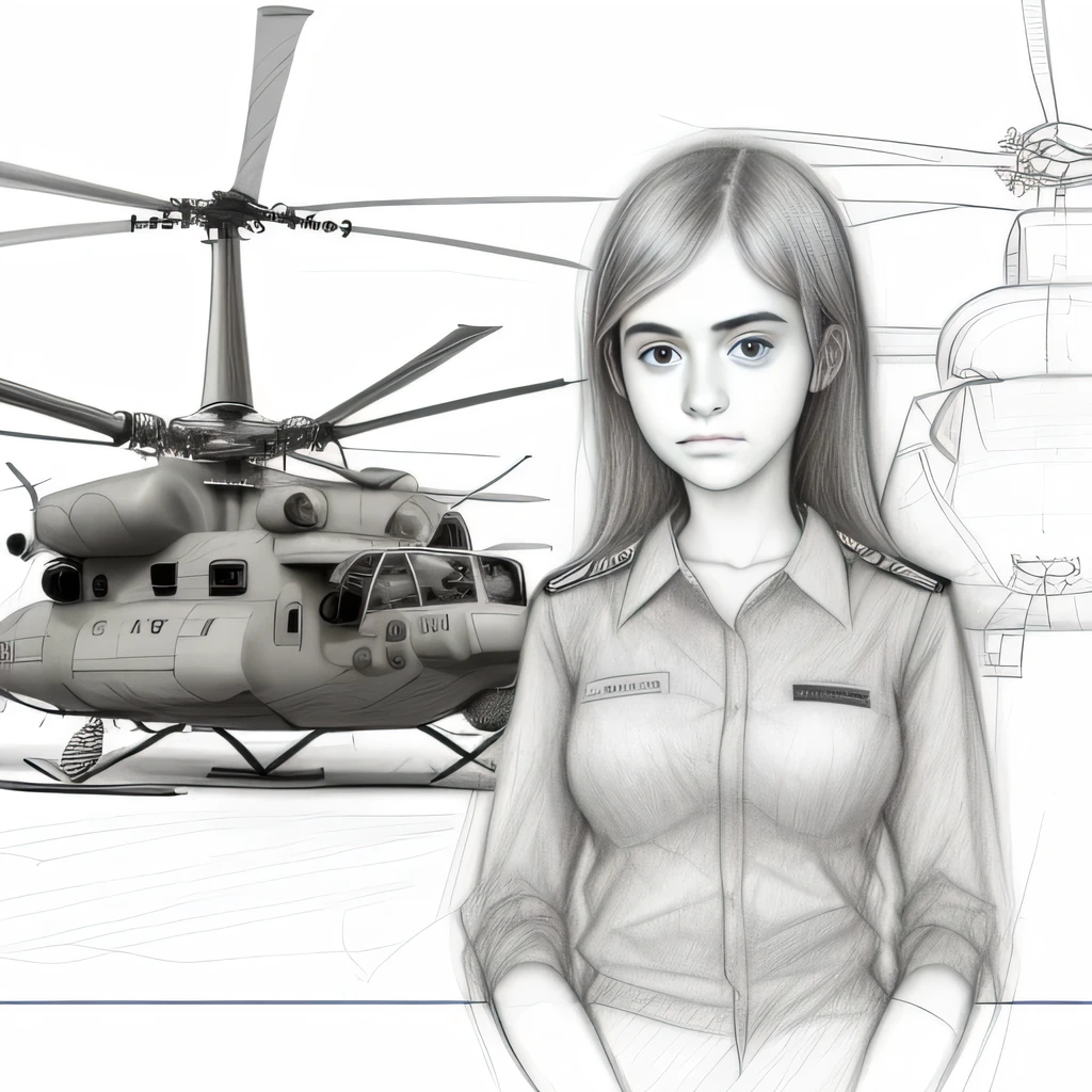(pencil rough sketch:1.5),(1girl, 20yo, serious, transport helicopter:1.3)