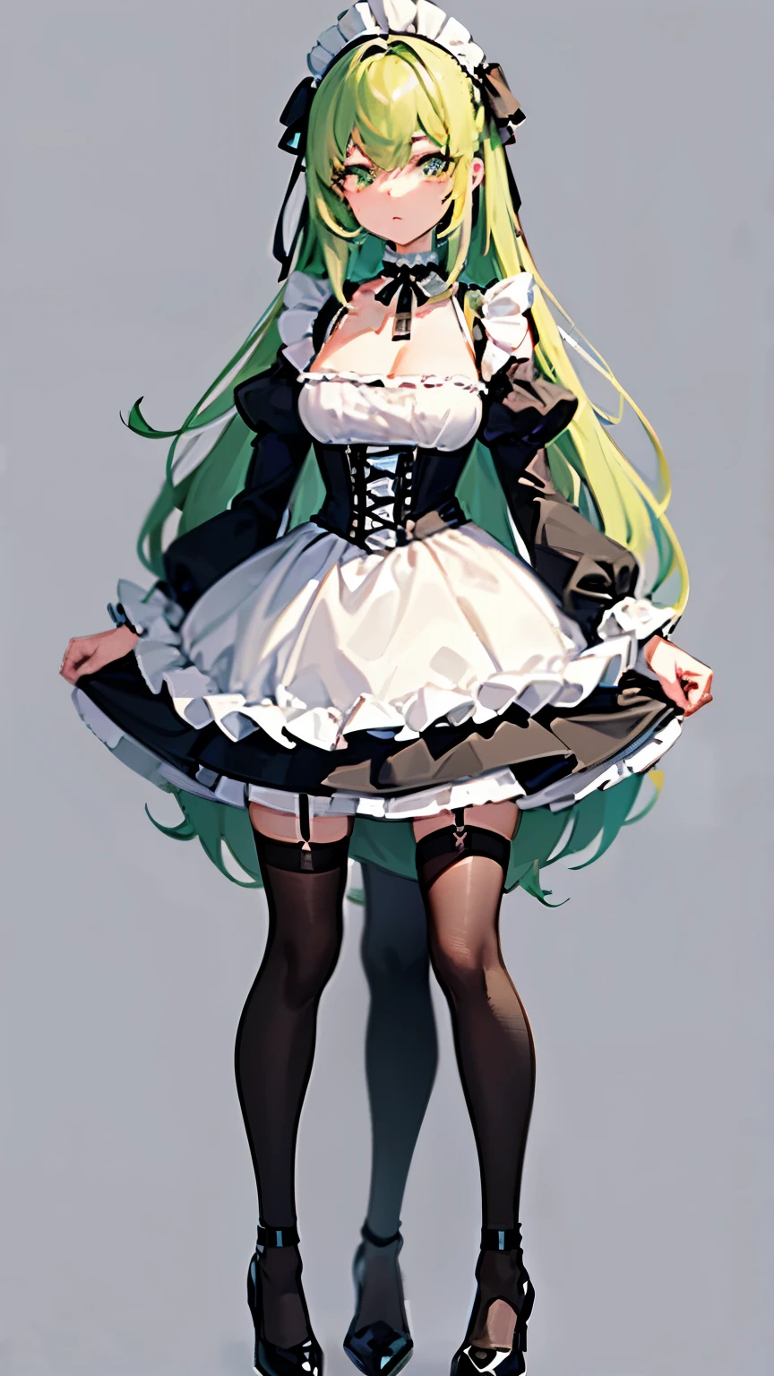 Masterpiece, best quality, high resolution, venus1,1girl, solo, Composition:
Single figure.
(((Full body figure))).
Long hair.
Lime-green hair.
Wavy hair.
Light-green eyes with hues of pink.
Stoic/emotionless expression.
Standing straight.
Mature.
Frontal view.
Standing.
No background.
Art Style:
Anime Style.
Color Scheme:
The dress primarily features a classic black-and-white color combination.
Bodice:
The bodice is white with a (((deep neckline))).
Shoulder-baring sleeves.
Black shoulder straps transition into a crisscross lace-up design on the front, in the area of her stomach, adding a decorative touch and cinching the waist.
A black ribbon ty into a bow is tied at the waist, enhancing the fitted appearance of the bodice.
Sleeves:
The sleeves are white, short, and puffy with a ruffled edge, ending before elbows.
They are shoulder-baring sleeves, white, with an elastic band at the top to ensure they stay in place.
Skirt:
Black in color.
Short-skirt, ending evenly mid-thigh without back or side extension.
A white ruffled trim at the hem.
A white apron.
Accessories:
(((Black))) thigh-high stockings.
Around her neck, she wears a white frilled choker with a thin band of black in its center. The thin band of black weaves into a small bow in the front, with a tiny silver pendant in the center of its knot.
Wears a frilly maid headpiece.
A small white apron covers the front of the skirt.