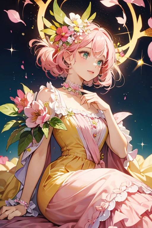 Flower Fleur resembling pink flowers on her cheeks and a yellow flower over her right eye. She wears a pink dress with a light pink flower in the center and green frills around the neck, along with a light pink cape. The two flowers on her head have bloomed larger, with smaller pink flowers inside them, and a large red flower with green leaves is above her head. SPARKLE; GLITTER