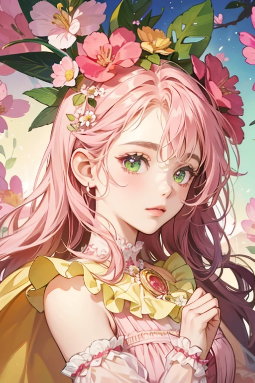 Flower Fleur resembling pink flowers on her cheeks and a yellow flower over her right eye. She wears a pink dress with a light pink flower in the center and green frills around the neck, along with a light pink cape. The two flowers on her head have bloomed larger, with smaller pink flowers inside them, and a large red flower with green leaves is above her head. SPARKLE; GLITTER