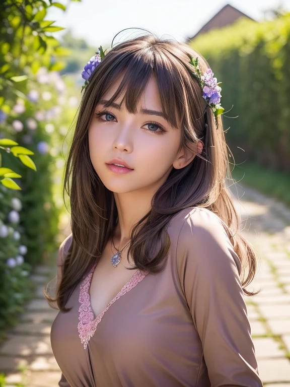 ((highest quality:1.2, 8k, Sharp focus, masterpiece: 1.2, Natural light, Highly detailed CG, beautiful girl:1.2, 　With a small face:1.1、walk、reality, Detailed facial textures, Realistic skin Pale skin, 　Beautiful Makeup, Octane Rendering, growing up, fine bangs)), (Written boundary depth),　( With a smile:1.2　), , Cowboy Shot,Brown long hair, ( 　Pink blouse and　small necklace、Large Bust　Cleavage　) 、Nice body line、　( Western style old gray brick wall　Cobblestone walkway、Gentle slope、A hill that continues into the distance、  Hydrangea　Wall and　Blooming along the aisles:1.2、Lots of flowers　)、A dark shadow in the passage、　Distant blurred background, 　Depth of written boundary:1.4、and wind,　 From the side、Averted gaze、Captivate what you see　beauty、