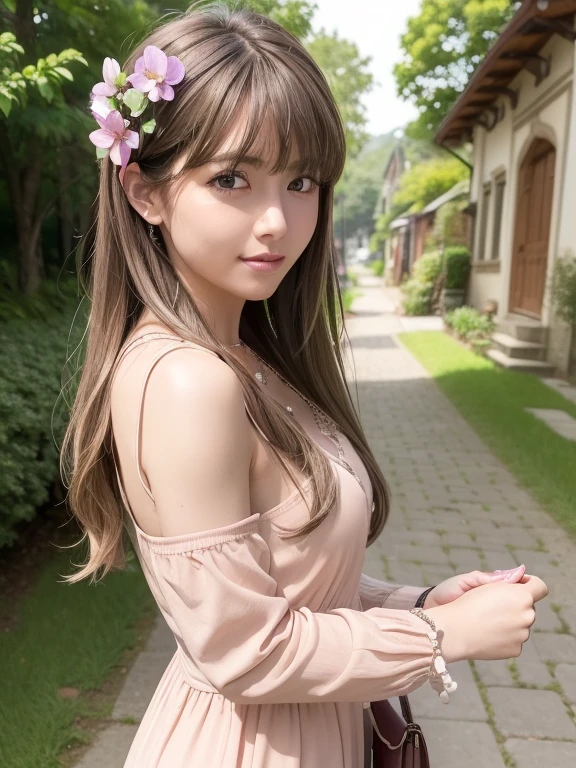 ((highest quality:1.2, 8k, Sharp focus, masterpiece: 1.2, Natural light, Highly detailed CG, beautiful girl:1.2, With a small face:1.1、walk、reality, Detailed facial textures, Realistic skin Pale skin, Beautiful Makeup, Octane Rendering, growing up, fine bangs)), (Written boundary depth), ( With a smile:1.2 ), , Cowboy Shot,Brown long hair, ( Pink blouse and small necklace、Large Bust Cleavage ) 、Nice body line、 ( Western style old gray brick wall Cobblestone walkway、Gentle slope、A hill that continues into the distance、 Hydrangea Wall and Blooming along the aisles:1.2、Lots of flowers )、A dark shadow in the passage、 Distant blurred background, Depth of written boundary:1.4、and wind, From the side、Averted gaze、Captivate what you see beauty、
