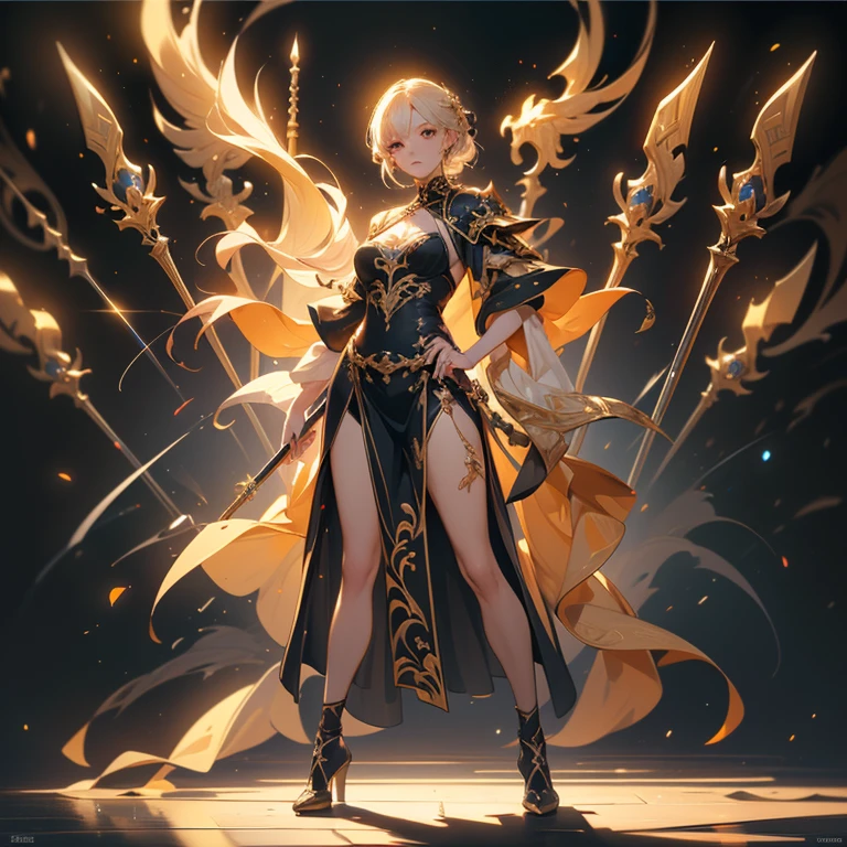 Design a layout showcase Gaming character, (1girl). Golden+Purle clothes, stylish and unique, ((showcase weapon:1.4)), magic staff, (masterpiece:1.2), (best quality), 4k, ultra-detailed, (Step by step design, layout art:1.5), (luminous lighting, atmospheric lighting), magican, ((glove full hands)), (((revealing clothes:1.3))), vambraces, armored legwear, (((full_body_shot:1.4)))