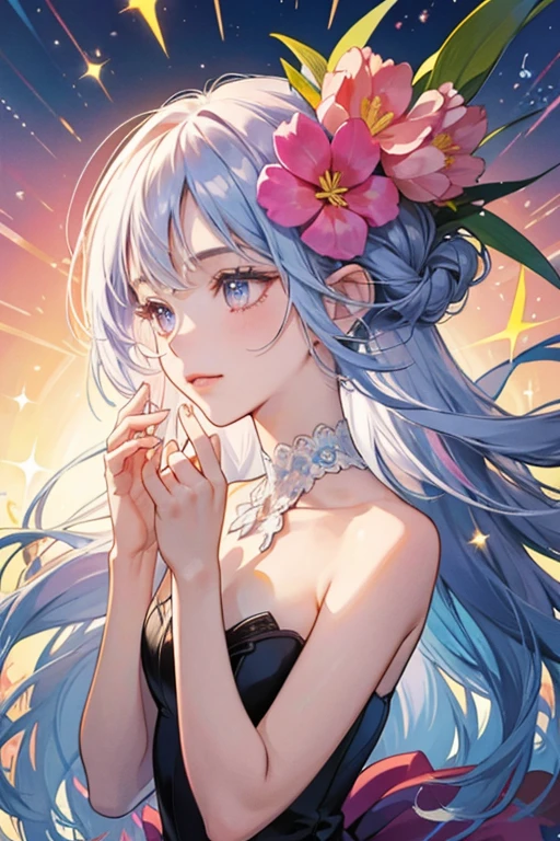 Flowertchi resembles a flower. It has a tulip-like head with three petals, a stalk for a body and leaves for hands. SPARKLE; GLITTER