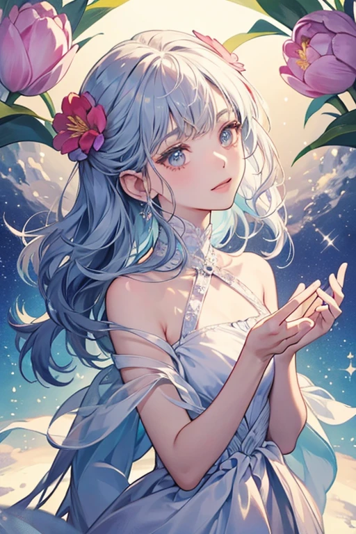 Flowertchi resembles a flower. It has a tulip-like head with three petals, a stalk for a body and leaves for hands. SPARKLE; GLITTER