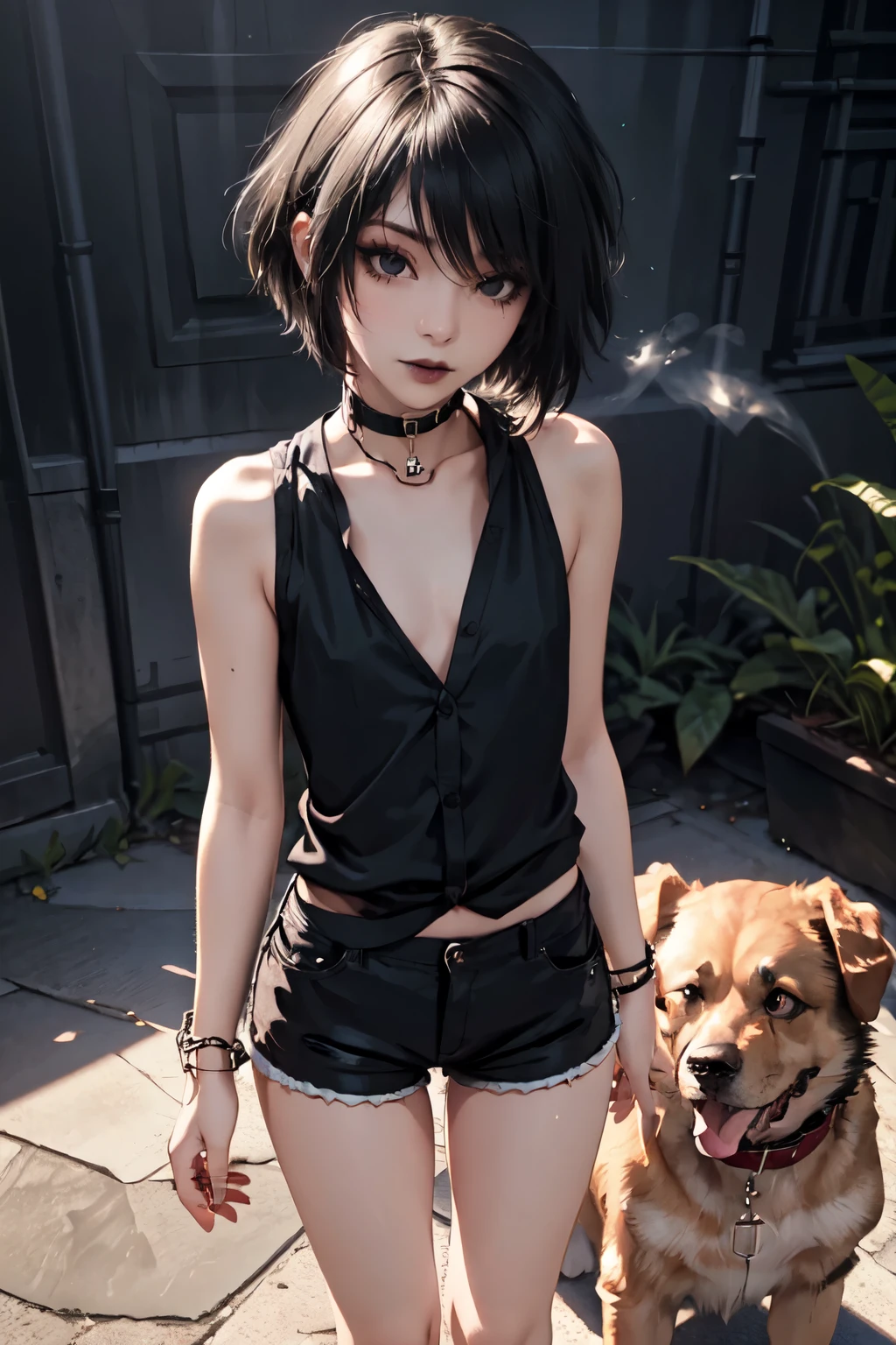 1girl, woman, emo_hairstyle, black lipstick, dog collar, eyeliner, eye shadow, smoky eyes, realistic lighting, short hair, flat chest, sleeveless silk shirt, short shorts, standing up.