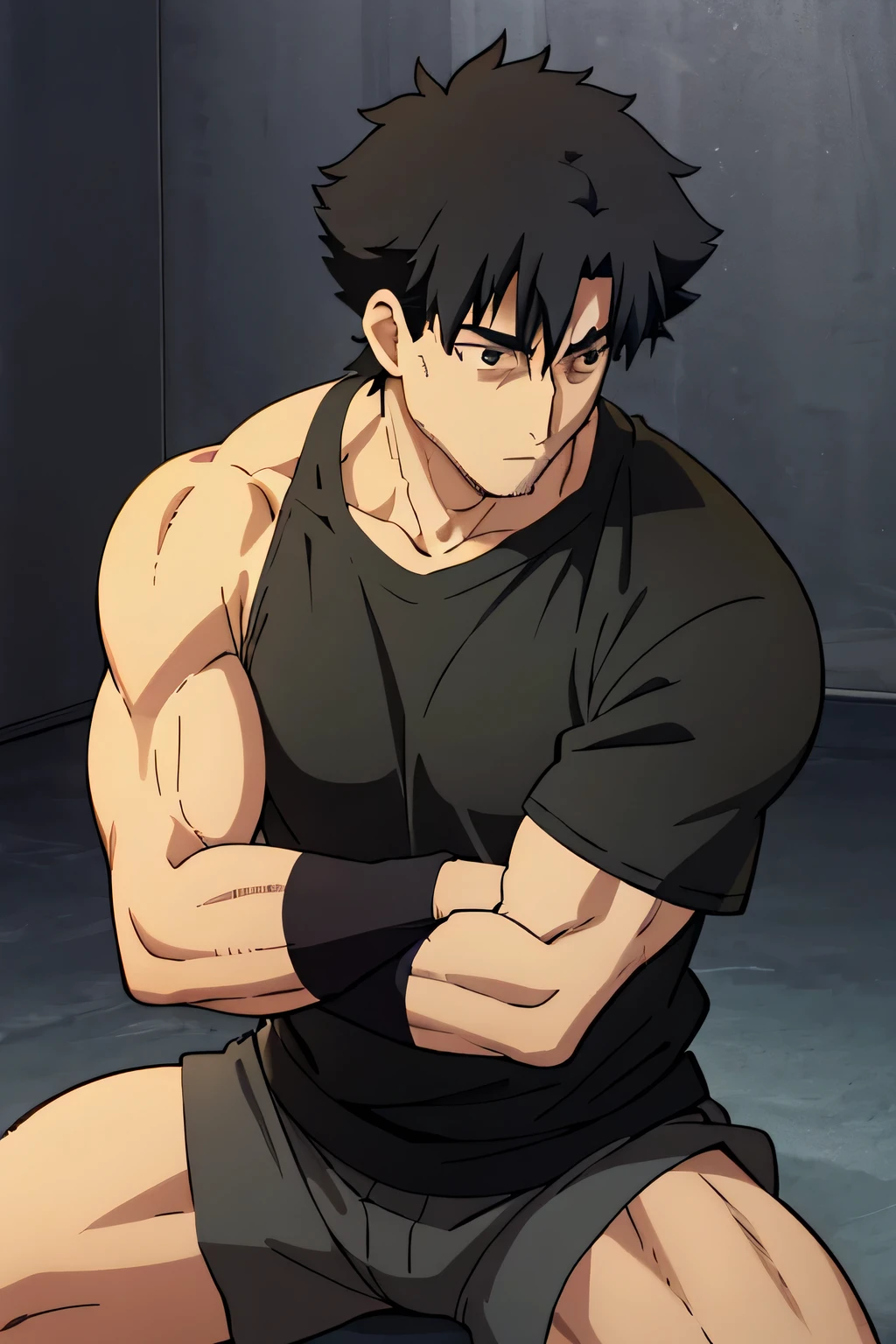 Kiritsugu is sitting and flexing his biceps and abs. He wears black short boxershorts. You can see his thighs. He is admiring his muscles. He has bulging veins on his arms. He wears a black tshirt with short sleeves. His right sleeve is completely rolled up so you can see his entire arm and shoulder. He is showing his abs too.