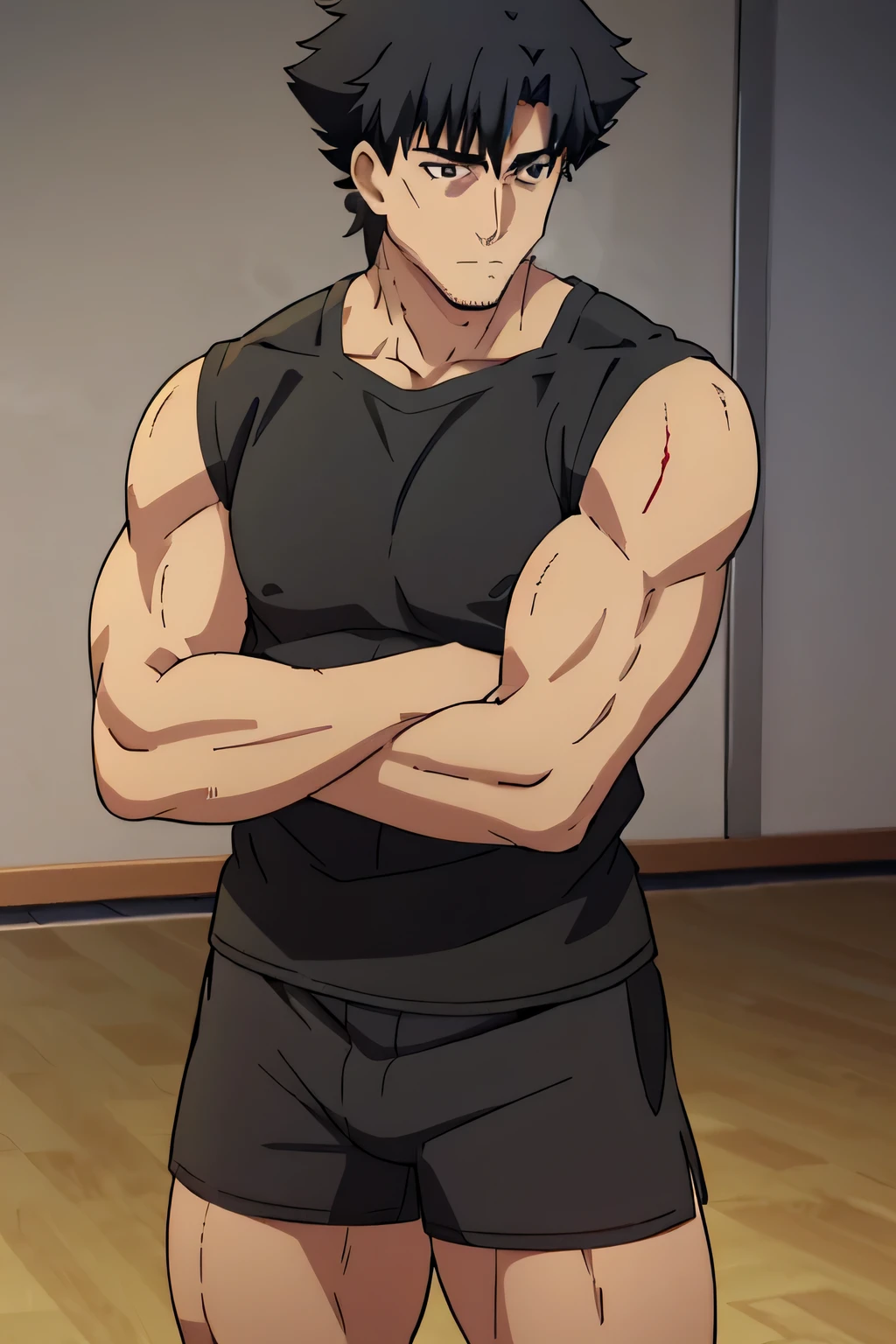 Kiritsugu is sitting and flexing his biceps and abs. He wears black short boxershorts. You can see his thighs. He is admiring his muscles. He has bulging veins on his arms. He wears a black tshirt with short sleeves. His right sleeve is completely rolled up so you can see his entire arm and shoulder. He is showing his abs too.